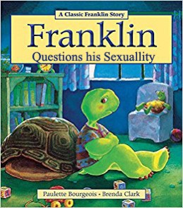 A children's book cover featuring a green turtle named Franklin sitting on a rug in a child's bedroom, with a large turtle…