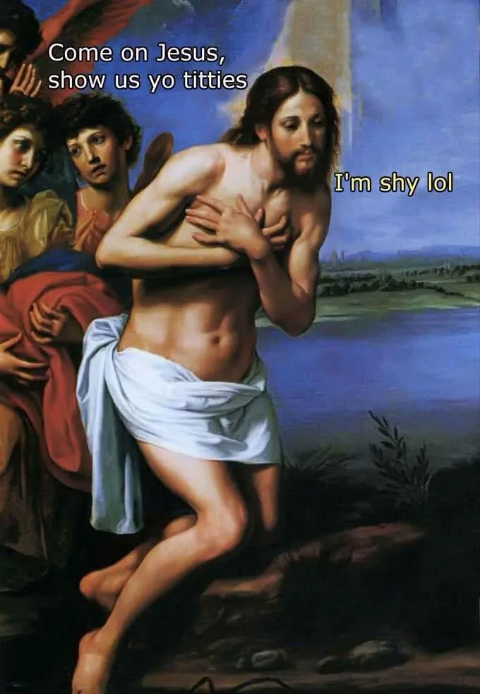A classical painting depicts Jesus Christ with a white cloth wrapped around his waist, covering his lower body, while he…