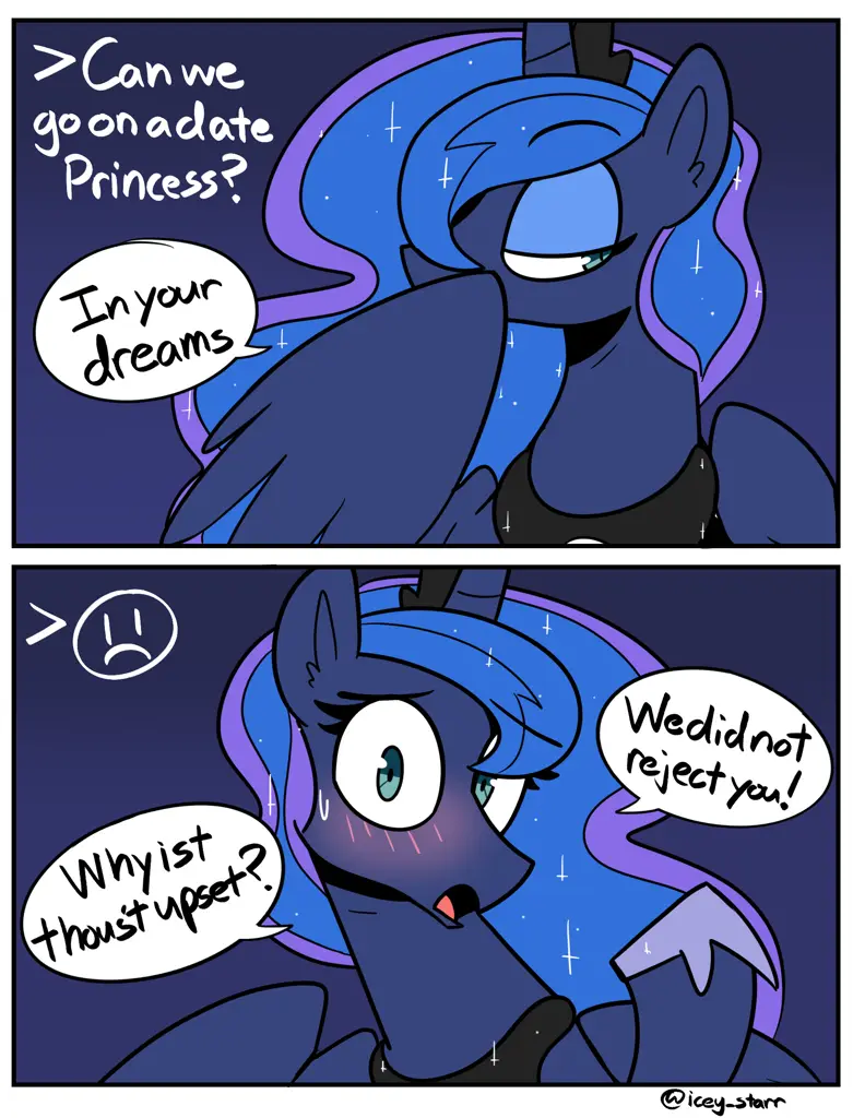 A two-panel comic featuring a blue pony with a purple mane and a black top. In the first panel, the pony smirks while saying…