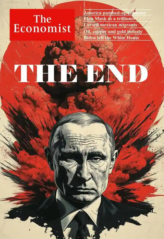 A satirical magazine cover parodying The Economist, featuring a stern portrait of Vladimir Putin against a red explosion…