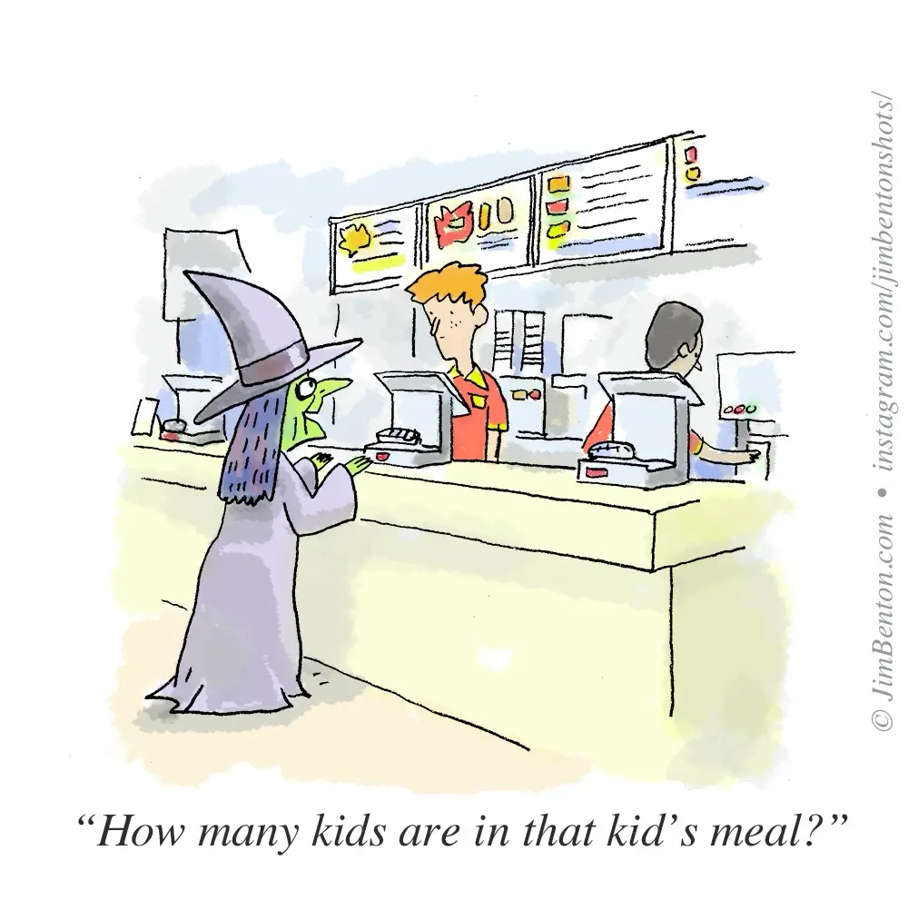 A cartoon witch in a purple robe and pointed hat stands at a fast-food counter, looking at a menu board with cartoon food…