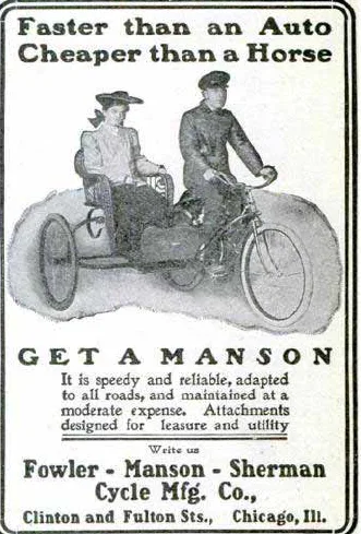 A vintage black-and-white advertisement shows a man and woman riding a large, three-wheeled motorized bicycle, with the text…