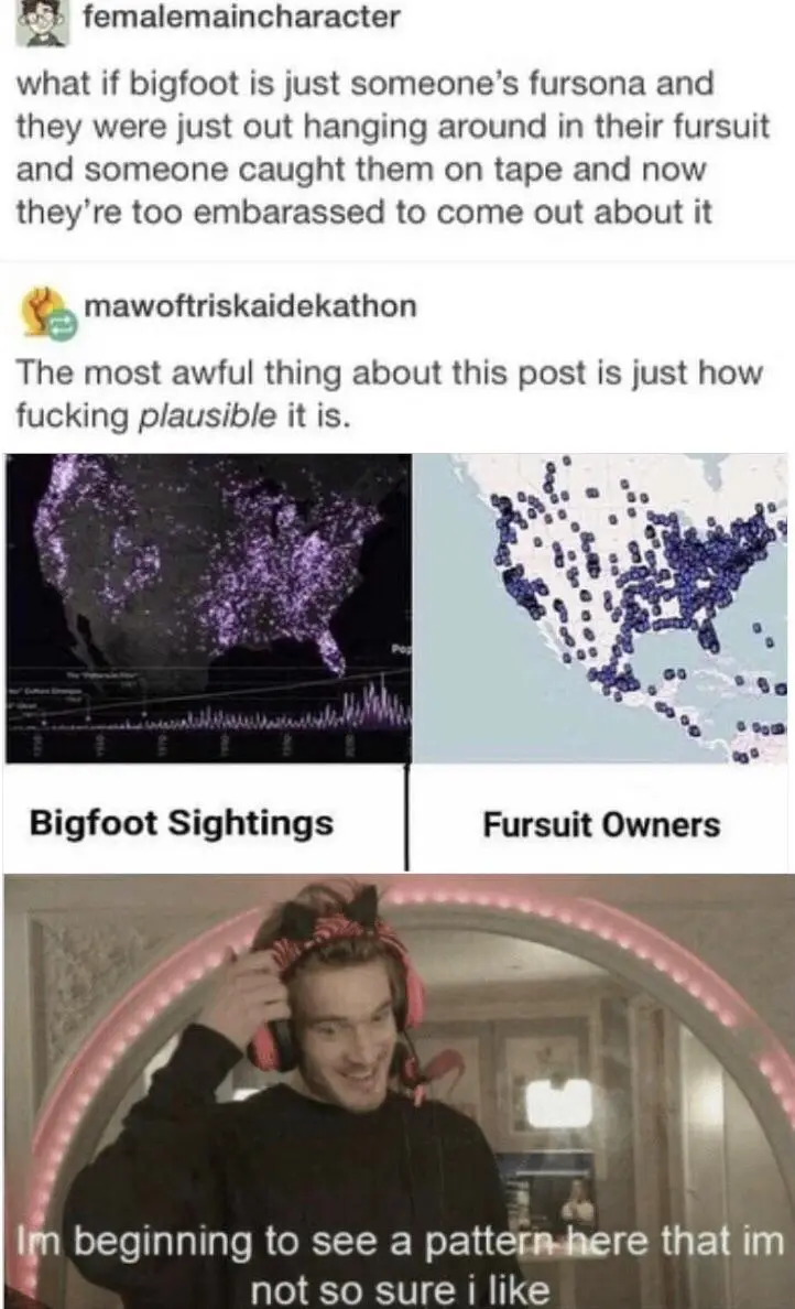 The image shows a split-screen comparison: the left side displays a map titled 'Bigfoot Sightings' with purple dots…