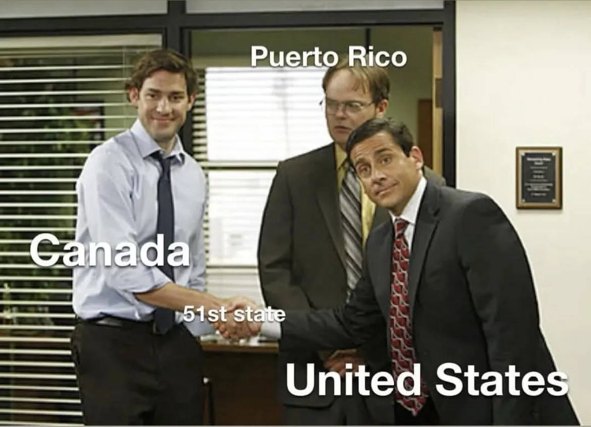 Three men in an office setting, labeled 'Canada', 'Puerto Rico', and 'United States', are shaking hands. The man labeled…