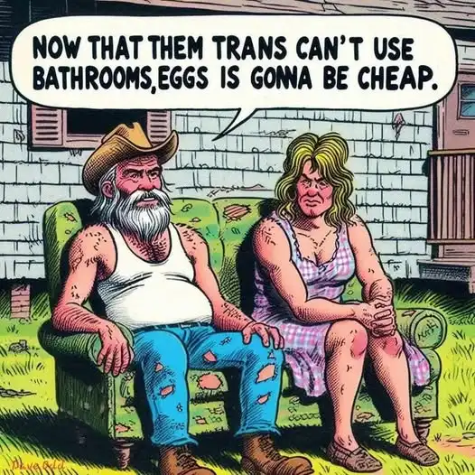 Two cartoon characters, a man with a white beard and a woman with blonde hair, sit on a green couch outside a house. The man…
