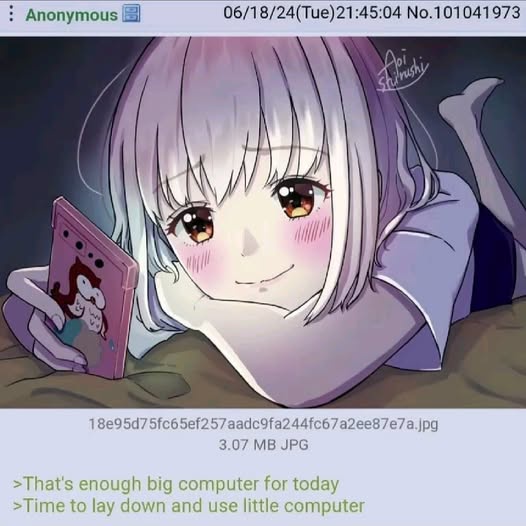 An anime girl with short purple hair and brown eyes lies on her stomach, smiling while holding a small pink smartphone with…