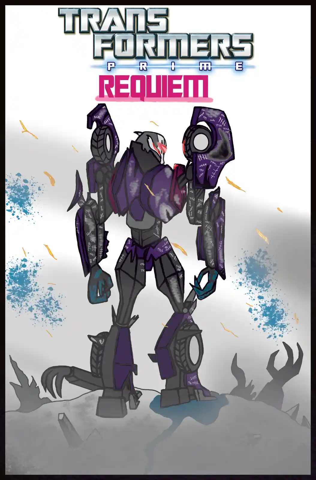 A fan-made illustration depicts a dark, stitched-up Transformer character standing in a desolate, graveyard-like setting…