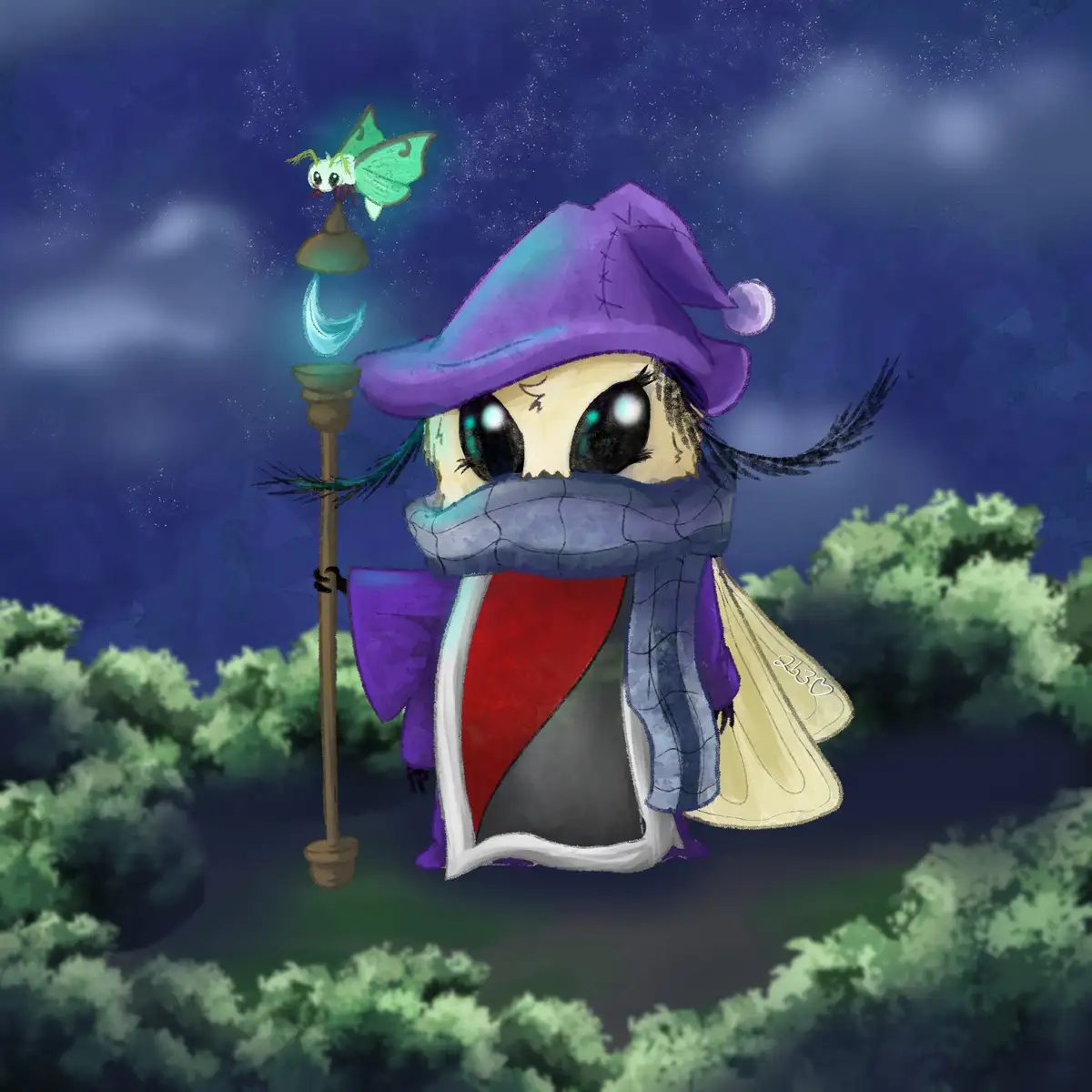 A chibi-style cartoon wizard with large eyes, a purple hat, and a scarf covering their mouth stands in a nighttime forest…