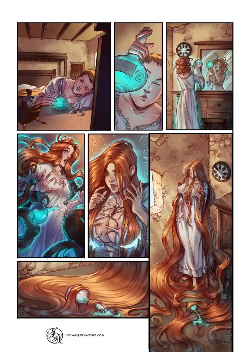 A comic strip shows a woman drinking from a glowing blue potion, then magically transforming into a being with impossibly…