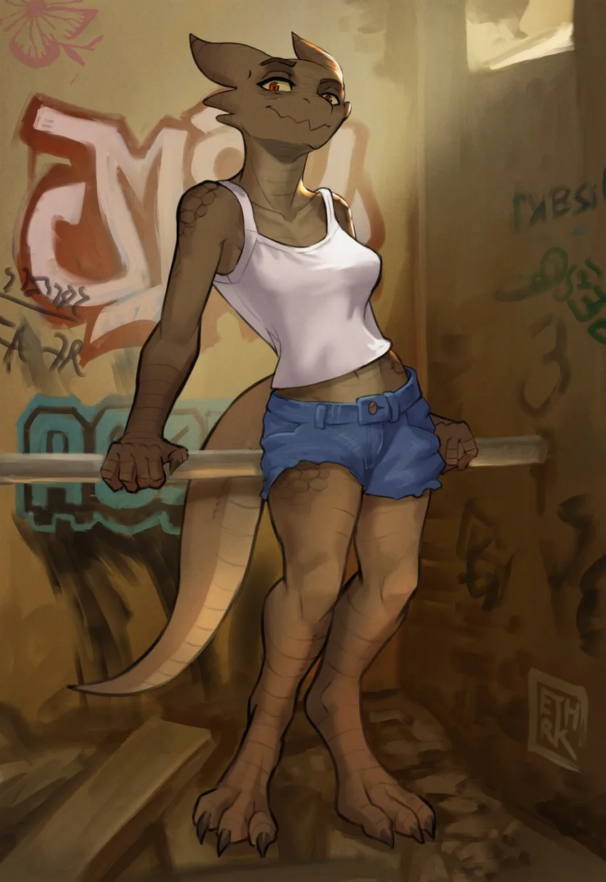 A humanoid dragon with brown scaly skin, red eyes, and a long tail leans against a metal pipe in a graffiti-covered alley…