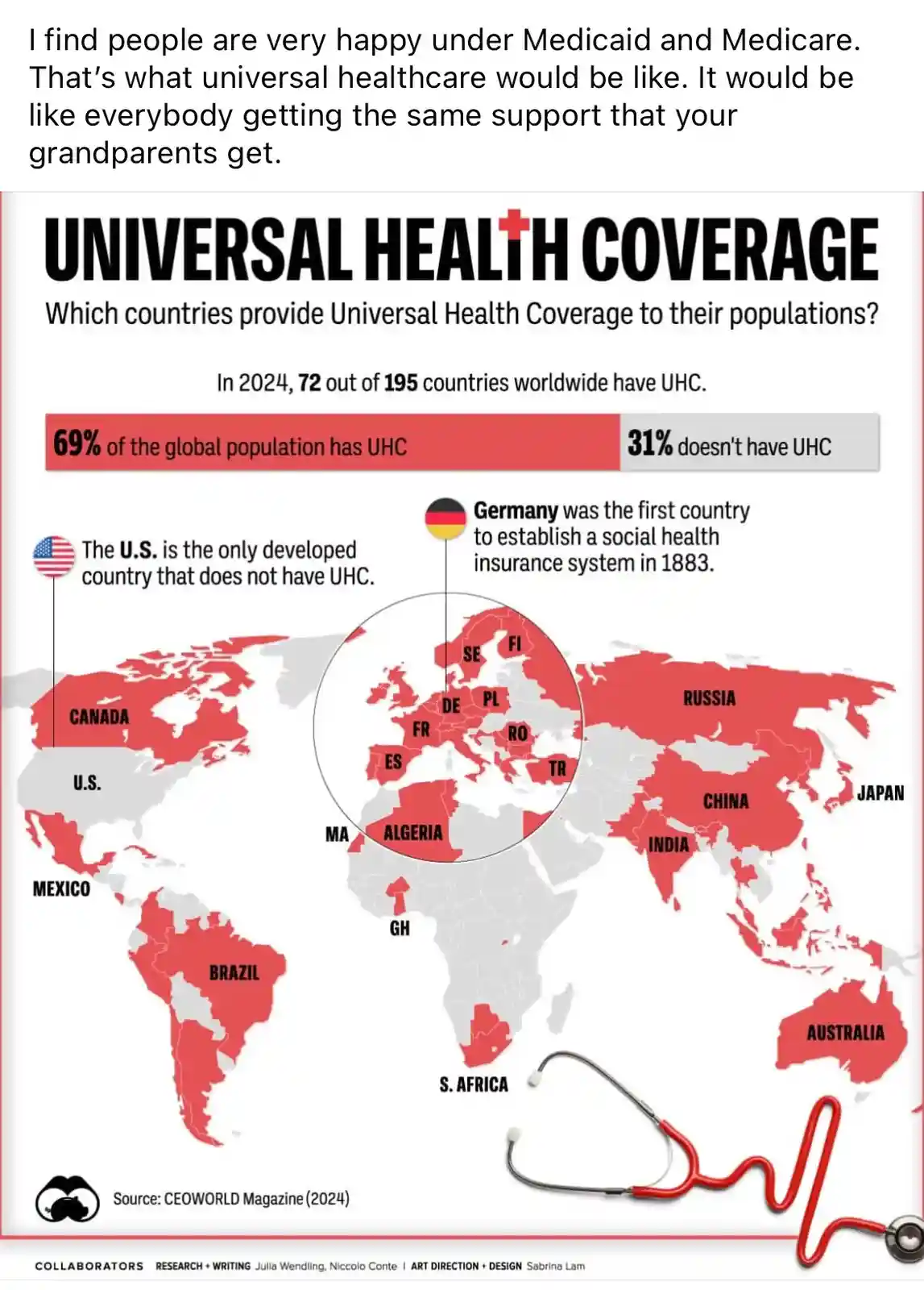 An infographic titled 'UNIVERSAL HEALTH COVERAGE' shows a world map with countries colored red for having universal…