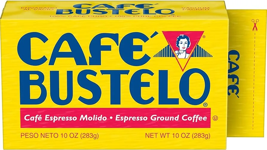 A bright yellow box of Cafe Bustelo Espresso Ground Coffee, featuring its iconic logo with a woman's portrait in a red…