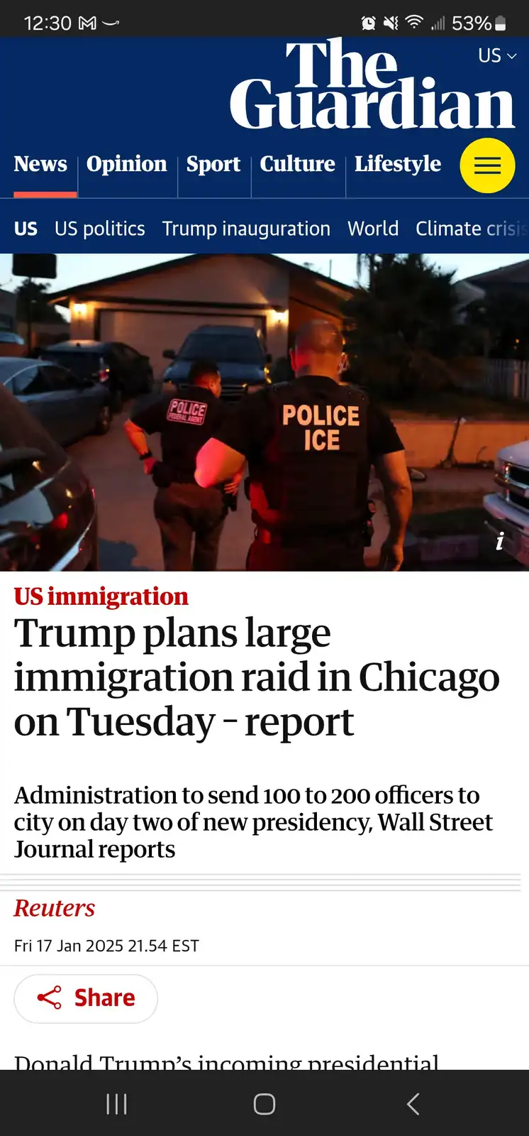 A screenshot of The Guardian news article shows two police officers walking away from a house, one with 'POLICE ICE' on his…