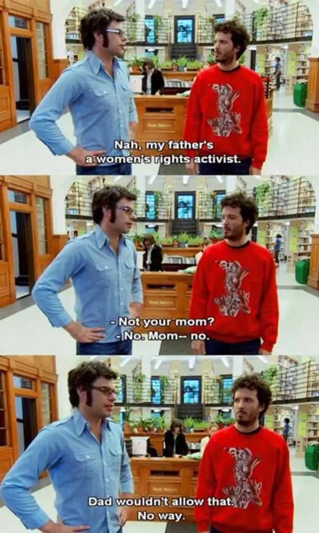 Three-panel meme from the TV show 'Community' showing two men in a library. The man in the blue shirt says his father is a…