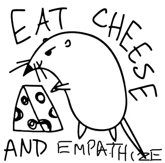 A simple black-and-white cartoon drawing shows a round, rodent-like creature with whiskers and a long tail, enthusiastically…