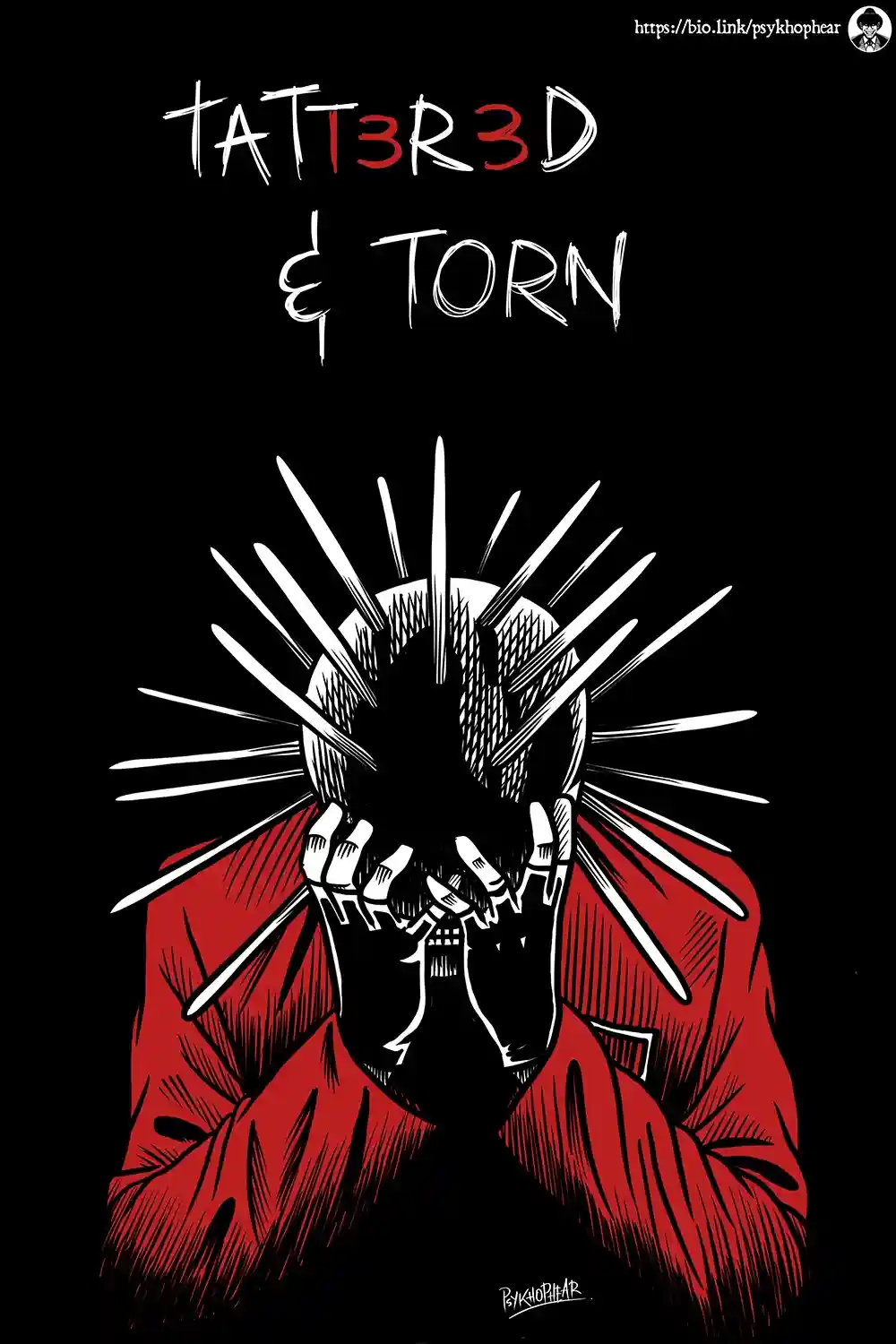 A black-and-white illustration shows a figure in a red jacket with their hands covering their face, surrounded by sharp…