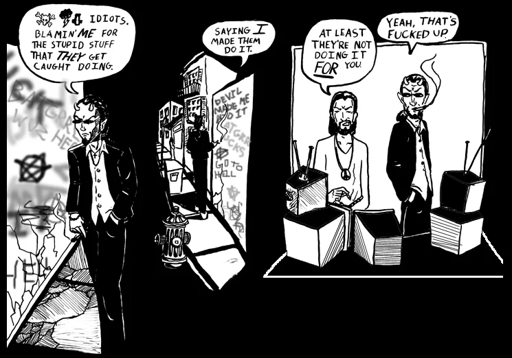 A black-and-white comic strip with two panels. The left panel shows a man in a suit standing in a graffiti-covered alley…