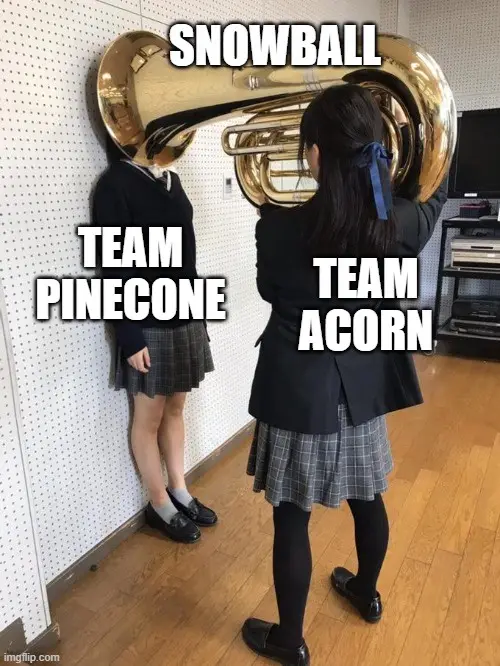 Two schoolgirls in uniforms stand in a room; one leans against a wall with a giant tuba head as her head, labeled 'TEAM…