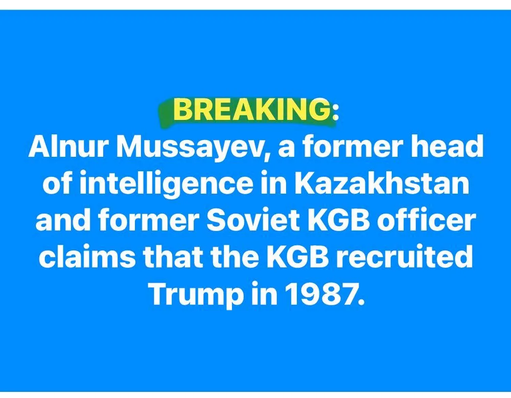A bright blue background displays bold white text with a yellow 'BREAKING:' header. The text announces a fictional claim by…