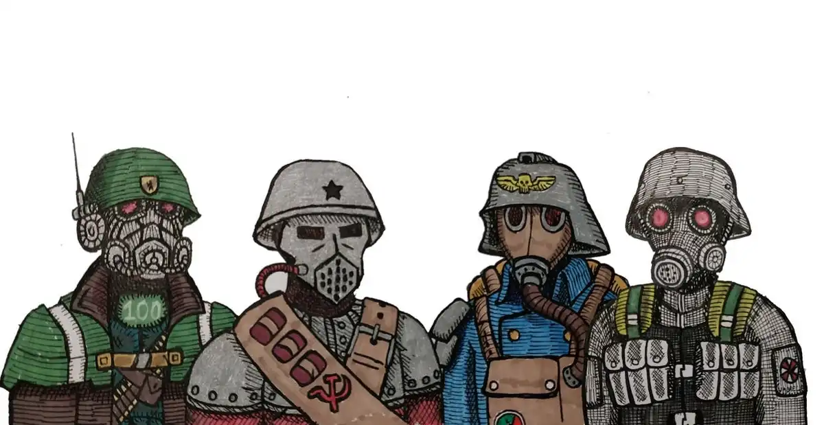 Four illustrated soldiers in gas masks and helmets from different nations stand side by side, each with distinct uniforms…