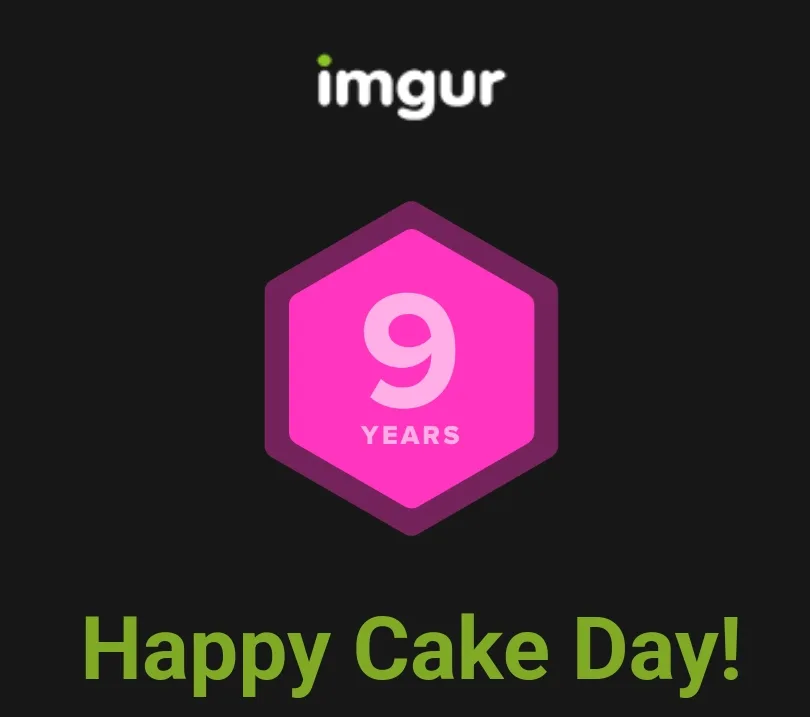 A black background displays the Imgur logo at the top, a pink hexagon with the number 9 and the word 'YEARS' inside, and the…