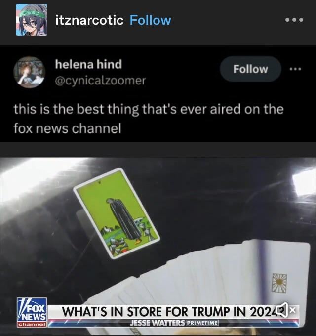 A screenshot of a Fox News broadcast featuring a tarot card reading titled 'WHAT'S IN STORE FOR TRUMP IN 2024?' with the…