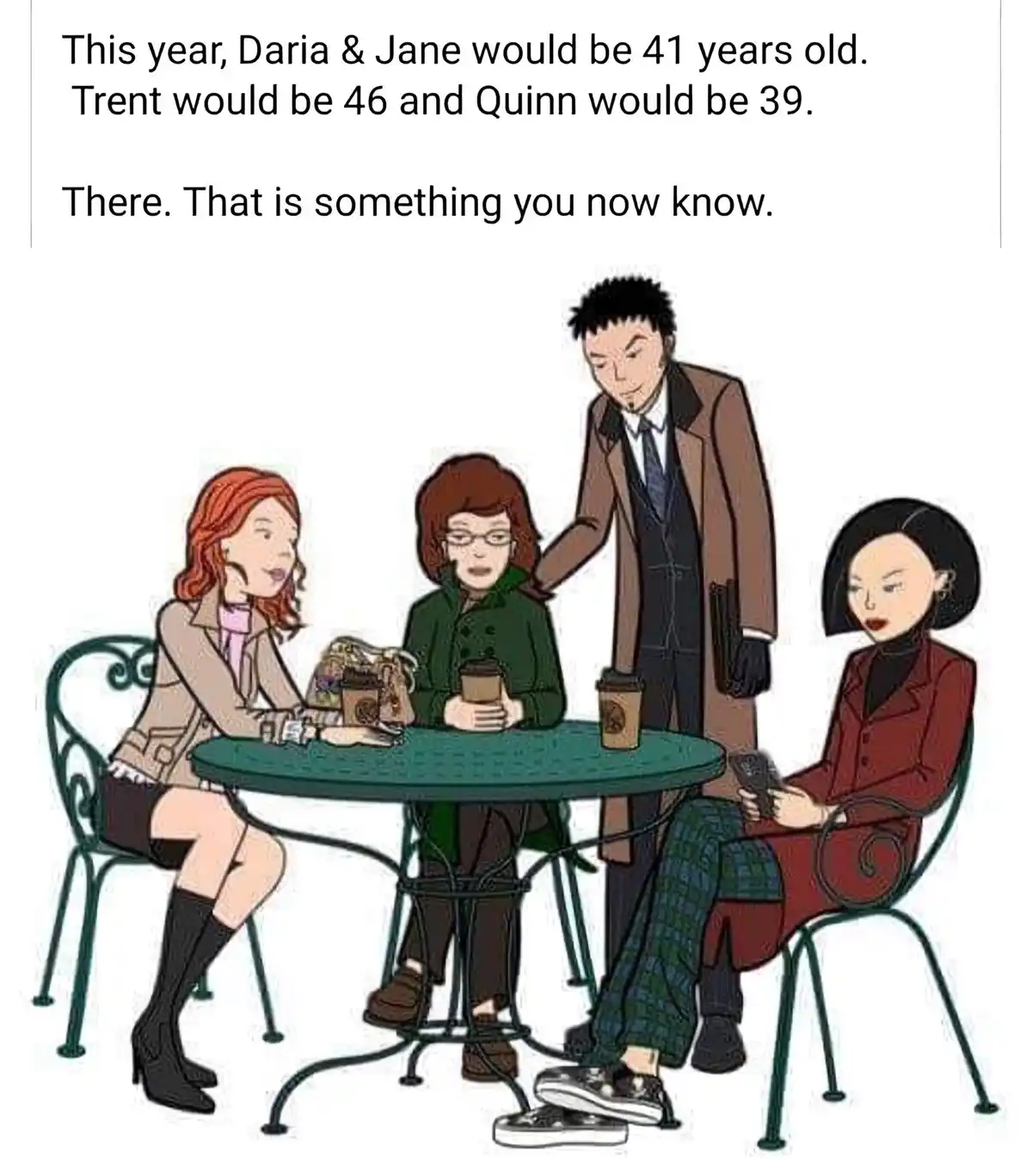 An illustration of four characters from the animated series 'Daria' sitting around a green outdoor table with coffee cups…