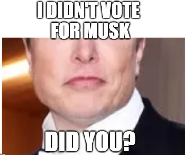 A close-up image of Elon Musk's face, showing a neutral to slightly annoyed expression, with bold white text overlaid at the…