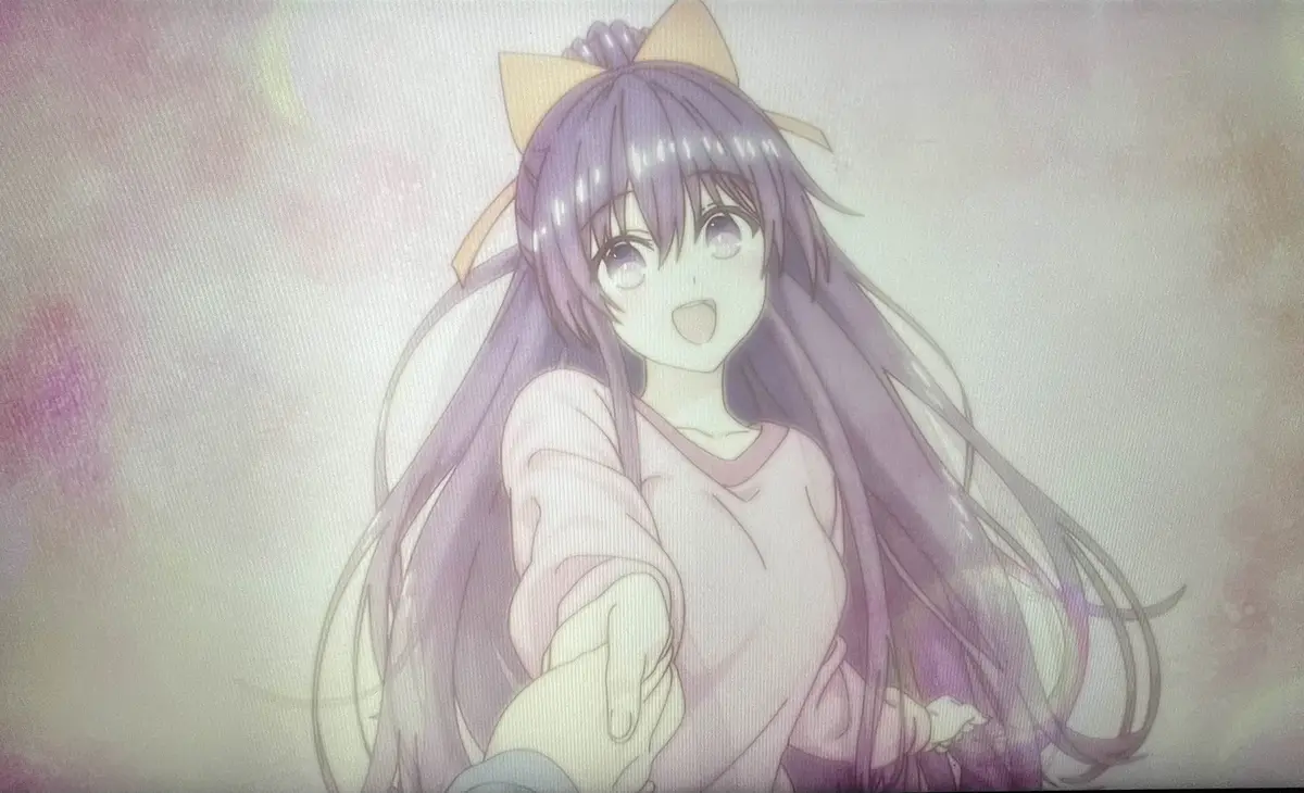 An anime-style girl with long purple hair and a yellow cat-ear bow on her head extends her hand toward the viewer with a…