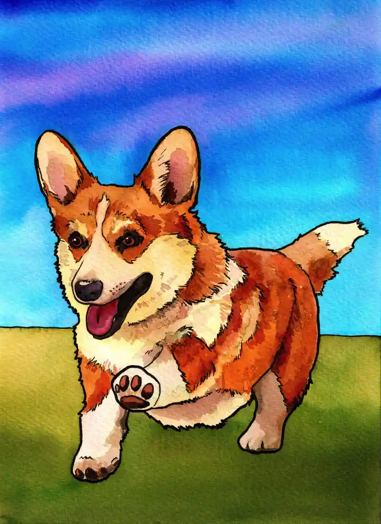 A watercolor painting of a happy, red-and-white Pembroke Welsh Corgi standing on green grass against a blue sky, with its…