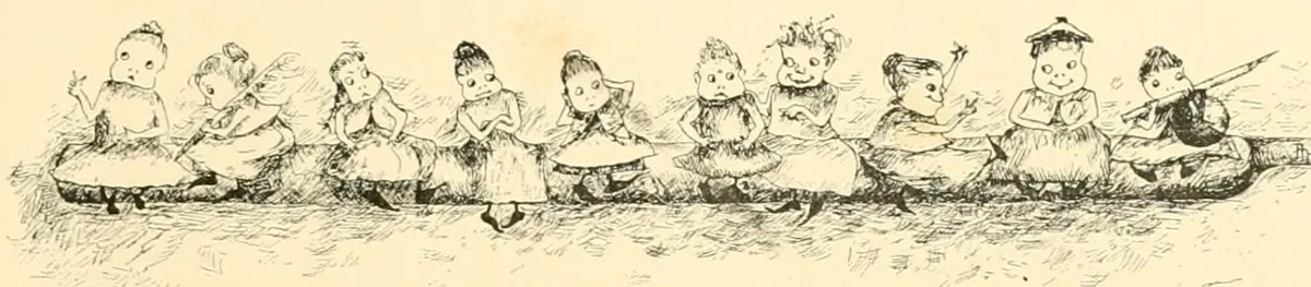 A vintage black-and-white illustration shows a row of nine young girls in frilly dresses sitting on a log. Each girl…