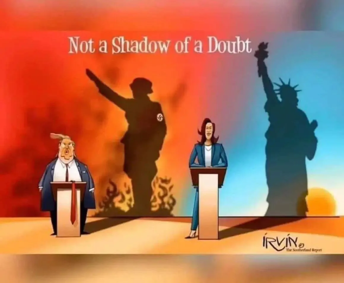 A cartoon depicts two political figures at podiums, one on the left with a shadow of a Nazi saluting behind him against a…
