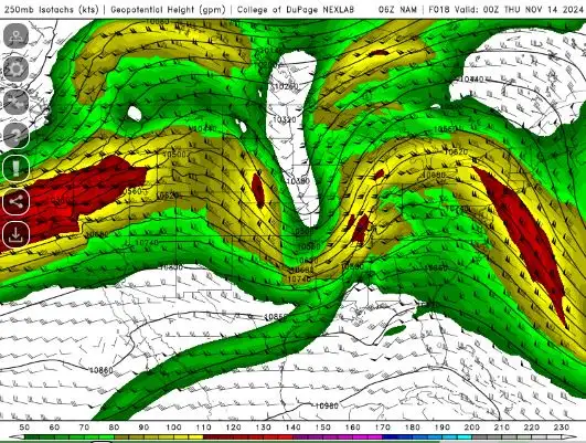 A weather map from the College of DuPage NEXLAB shows a 250mb geopotential height chart with a large red area labeled 'the…