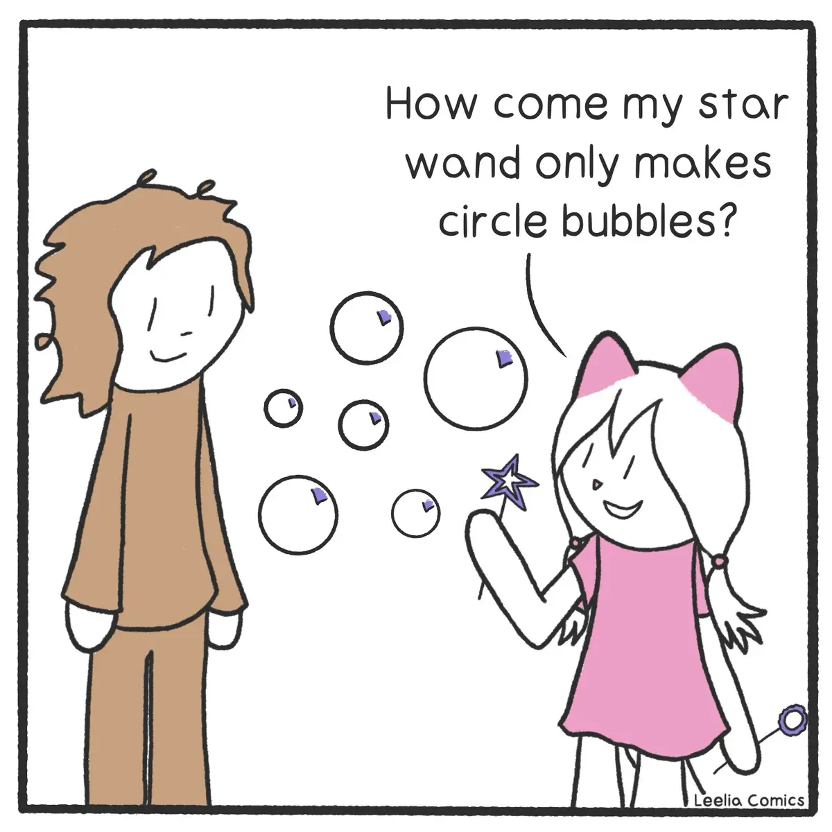 A cartoon girl with white hair, pink cat ears, and a pink dress holds a star-shaped wand, blowing circular bubbles that…