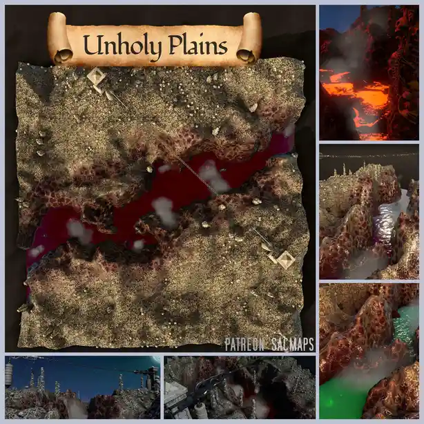 A fantasy map titled 'Unholy Plains' shows a grotesque, biomechanical landscape with bone-like structures, red and green…
