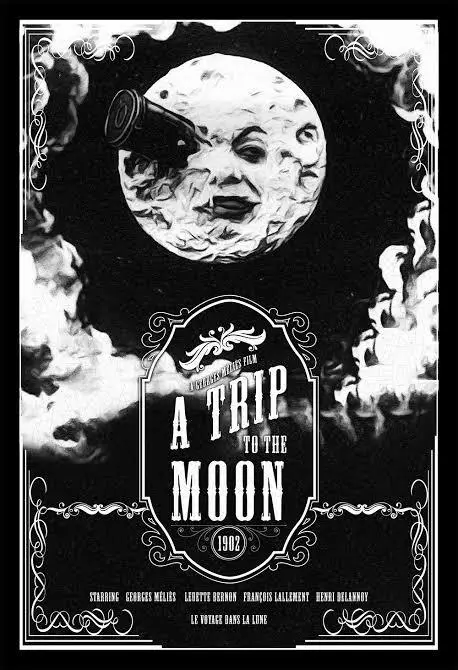A vintage black-and-white movie poster for 'A Trip to the Moon' (1902) by Georges Méliès, featuring a cartoonish moon with a…