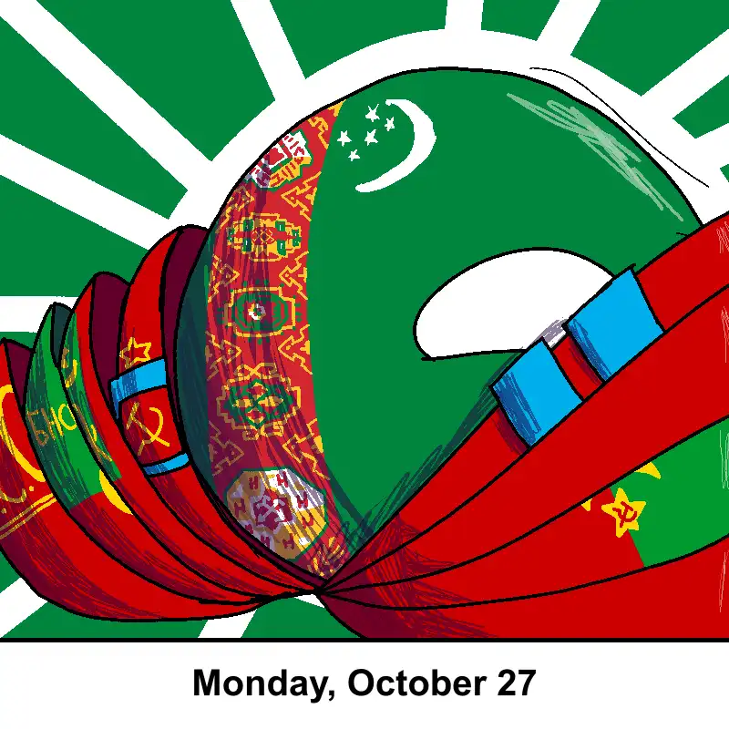 A cartoonish green face with a white crescent moon and stars on its forehead is shown with multiple red ribbons wrapped…