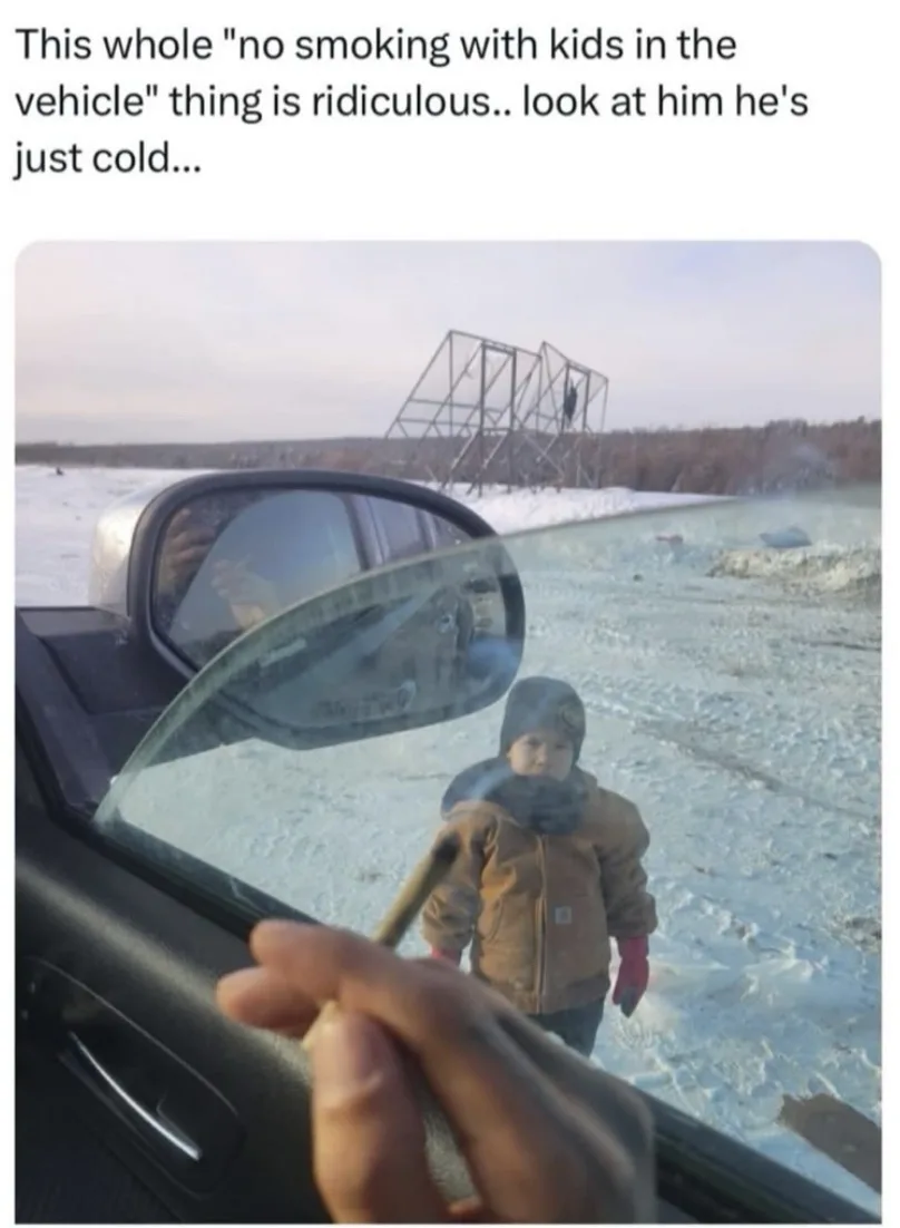 A person inside a car holds a lit cigarette near the window, while a small child in a winter coat and hat stands outside in…