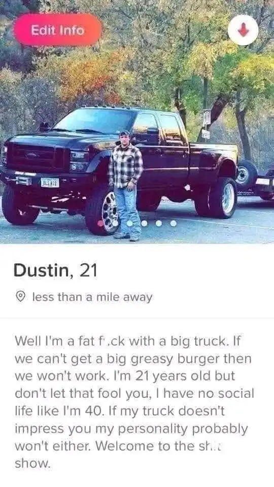 A screenshot of a dating app profile for a man named Dustin, 21, who stands next to a large black pickup truck. The profile…