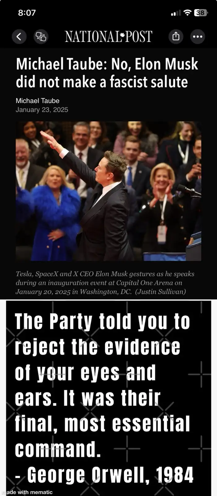 An image of Elon Musk raising his hand in a gesture resembling a fascist salute at an event, overlaid with a quote from…