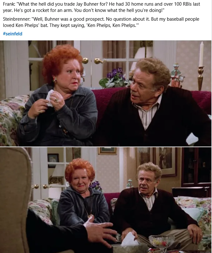 Two panels from the TV show Seinfeld show Frank Costanza and his wife, Estelle, reacting to a baseball trade. In the top…