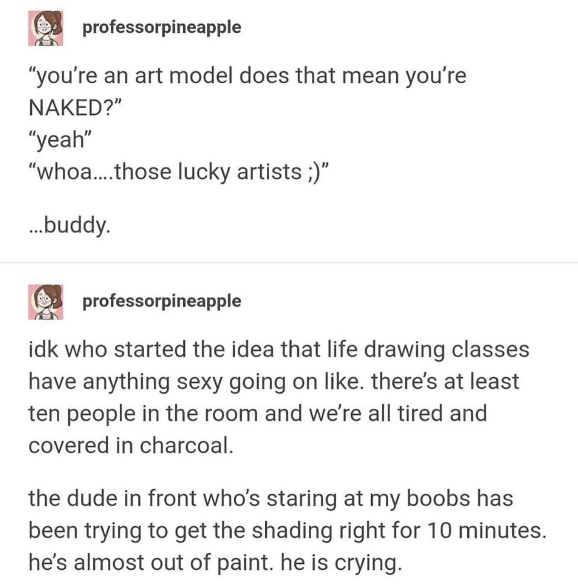A screenshot of a social media post by 'professorpineapple' showing a conversation about art modeling. The post includes a…