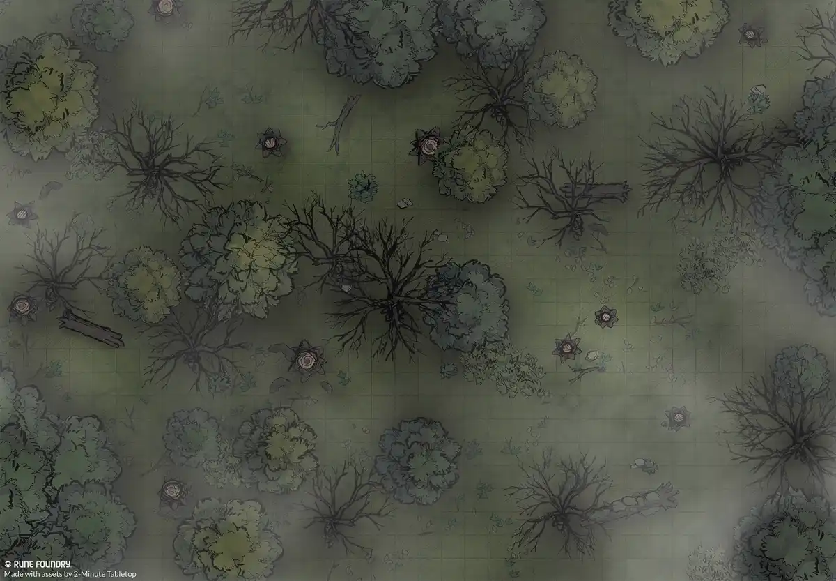 An overhead view of a hand-drawn forest map with various trees, bushes, and fallen logs on a grid background. Overlaid text…