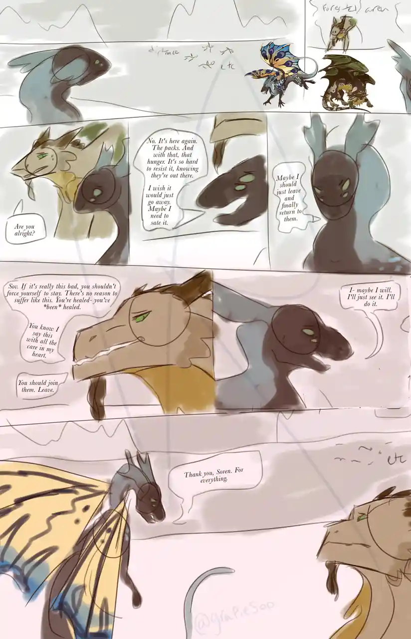 A comic strip featuring anthropomorphic dragons in a somber, emotional scene. One dragon, Sov, expresses internal struggle…