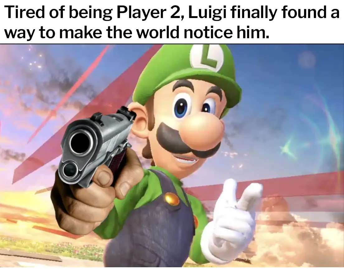 The image shows Luigi, a video game character, holding a silver pistol in one hand and giving a peace sign with the other…