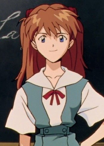 An anime girl with brown hair and blue eyes, wearing a white shirt with a blue vest and red bow, stands in front of a…