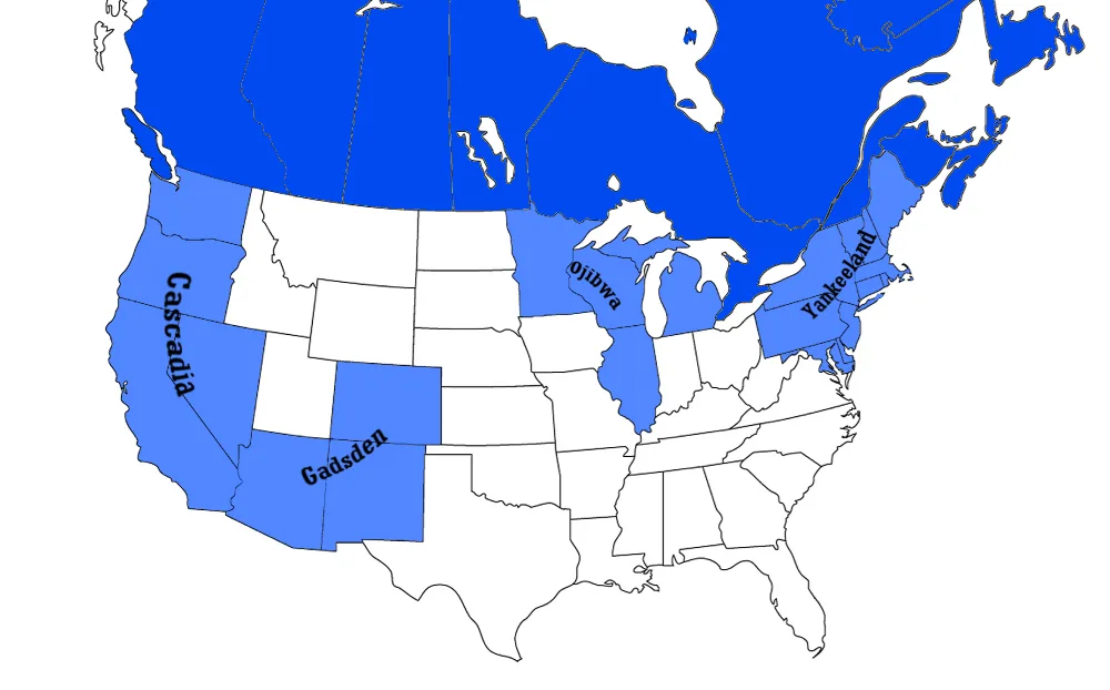 A map of the United States with several states colored blue and labeled with fictional or culturally specific names…