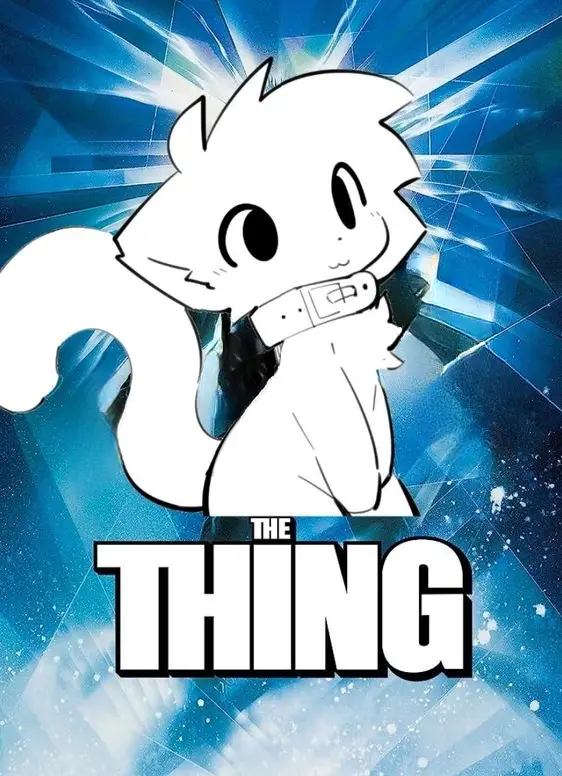 A white cartoon cat with a large fluffy tail and simple facial features is shown against a dynamic blue background with…