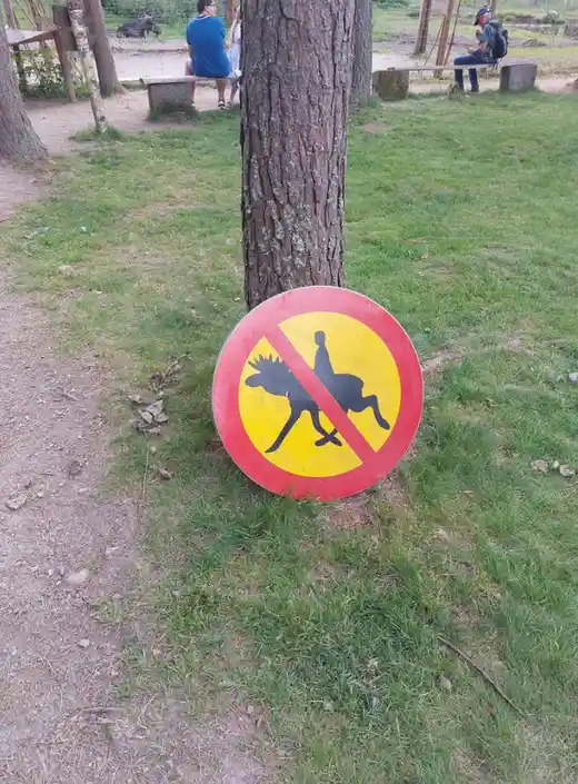 A red and yellow circular 'no' sign with a black silhouette of a moose with a rider on its back, lying on grass next to a…