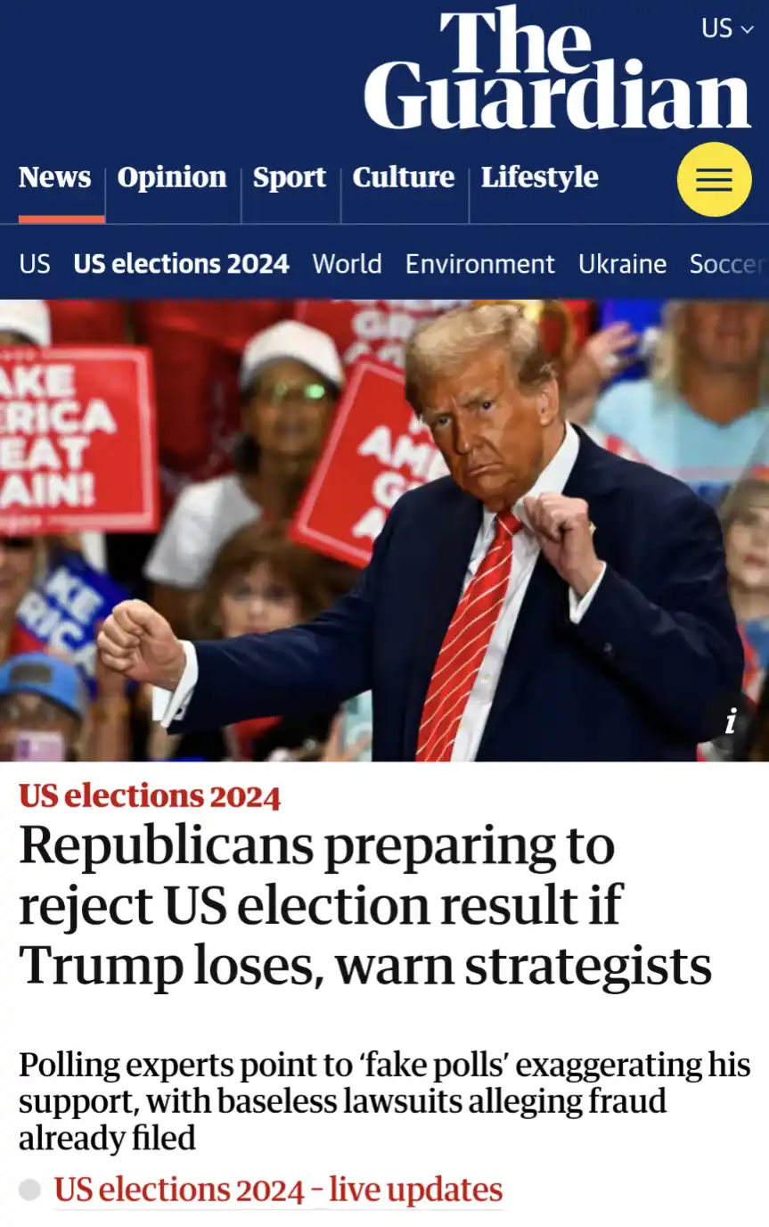 A screenshot of The Guardian's news article about Republicans preparing to reject election results if Trump loses, featuring…